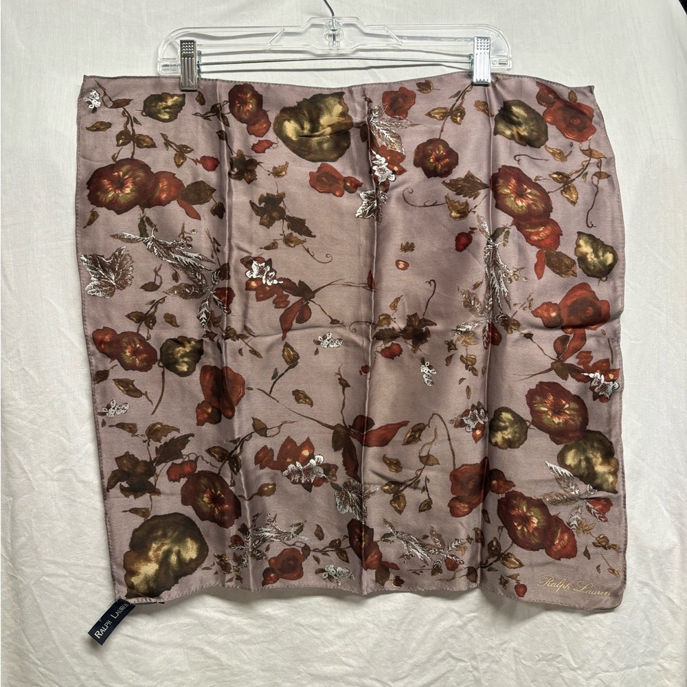 Vintage Ralph Lauren 100% silk scarf bronze-gold-rust-silver floral motif 21”
